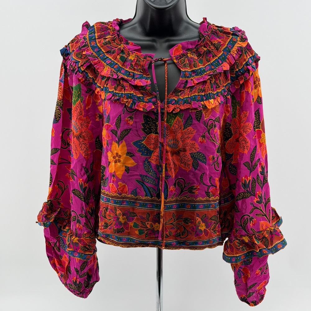 Farm Rio Tropical Tapestry Blouse Womens XS Floral Long Ruffled Sleeve Date Nite